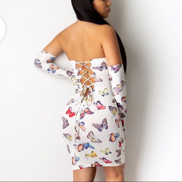 Dresses & Skirts - Strapless butterfly print Mini Dress With Gloves SMALL